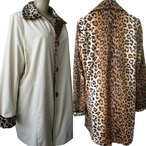 Dennis Basso Reversible Tan and Leopard Cheetah Animal Print Coat Sz L Faux Fur - Picture 2 of 10